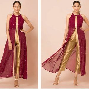 Oxblood Mukaish Foil Halter High Slit Kurta